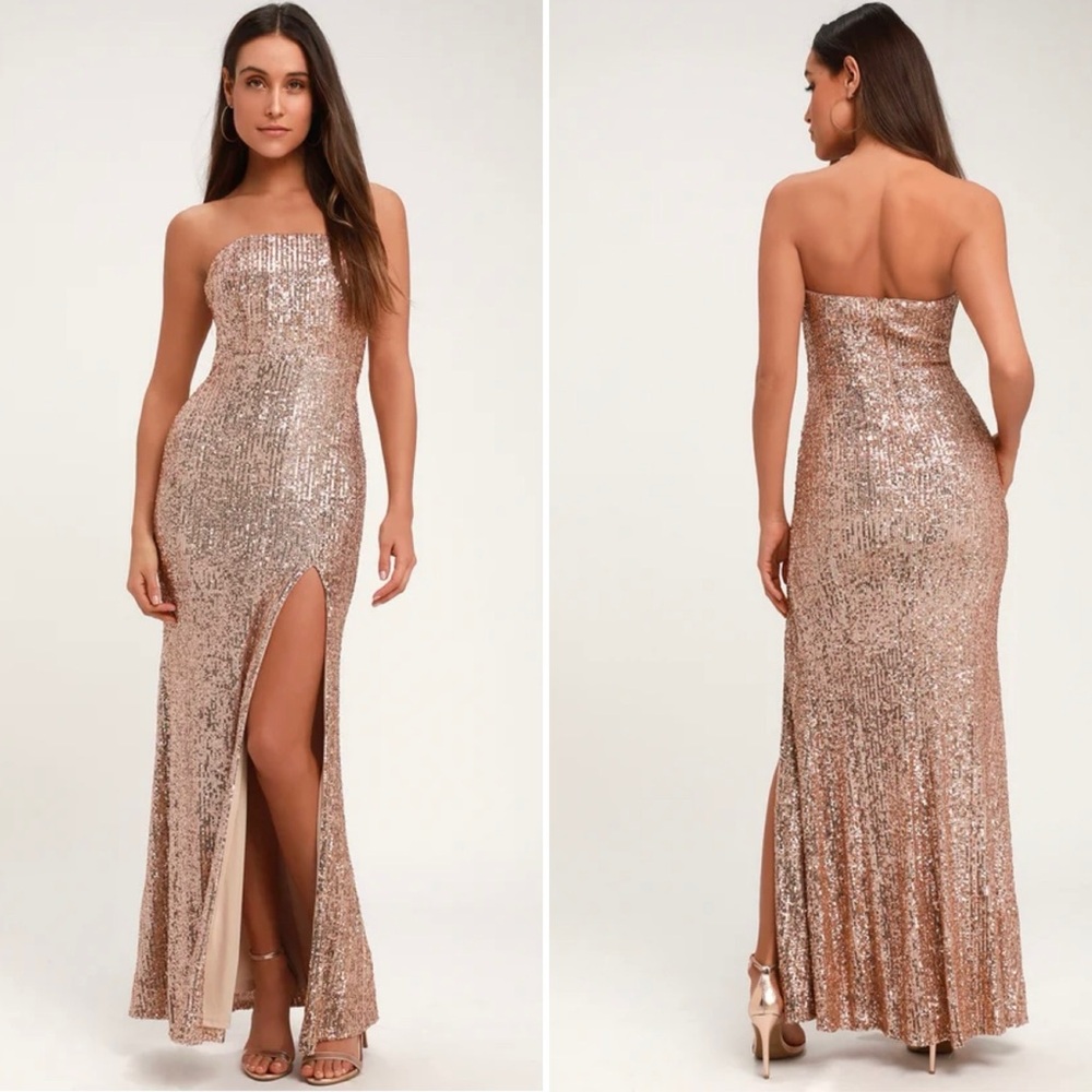 Lulus Rose Gold Strapless Sequin Maxi Dress XL Sexy Evening Formal Gown